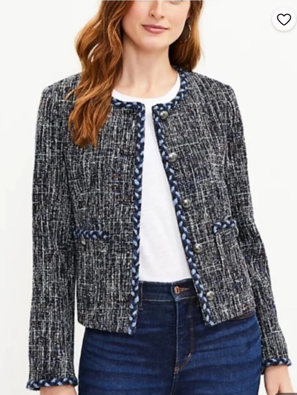 NWT LOFT Textured Black & White Tweed Lady Jacket with Blue Braided Trim